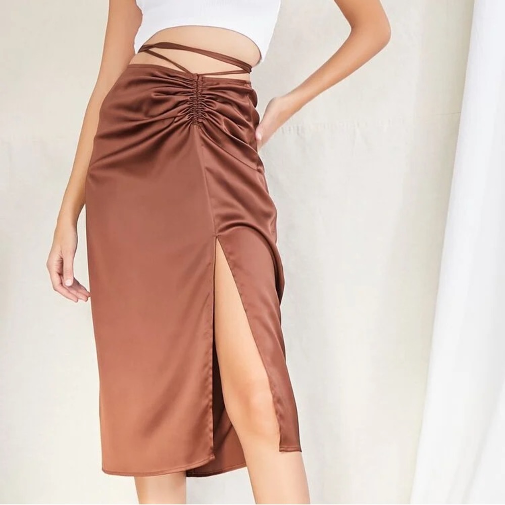 Satin Wraparound Self-Tie MIDI Skirt in Chocolate 🤎